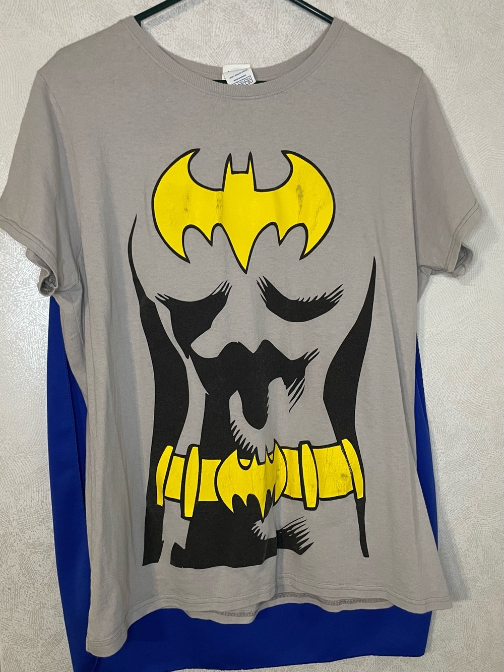 Gray Batman Graphic Tee and cape with Yellow Logo - Men’s Shirt XL